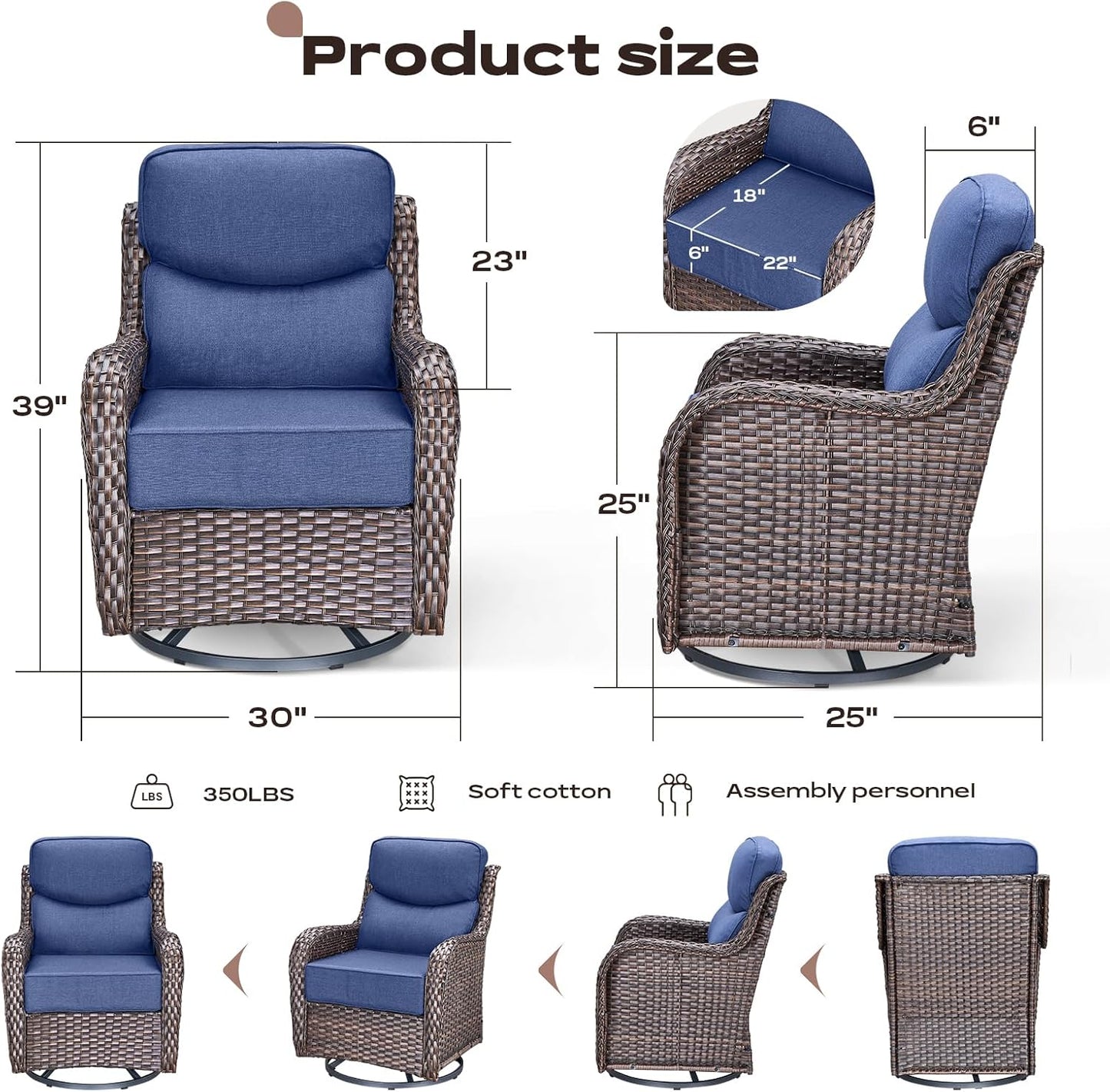 Outdoor Patio Swivel Rocker Chairs Set of 2, Waterproof Wicker, High Back, Deep Seating, Wide Armrest, Upgraded 6 inch Thick Cushions, Ideal for Deck Porch Backyard, Brown/Blue