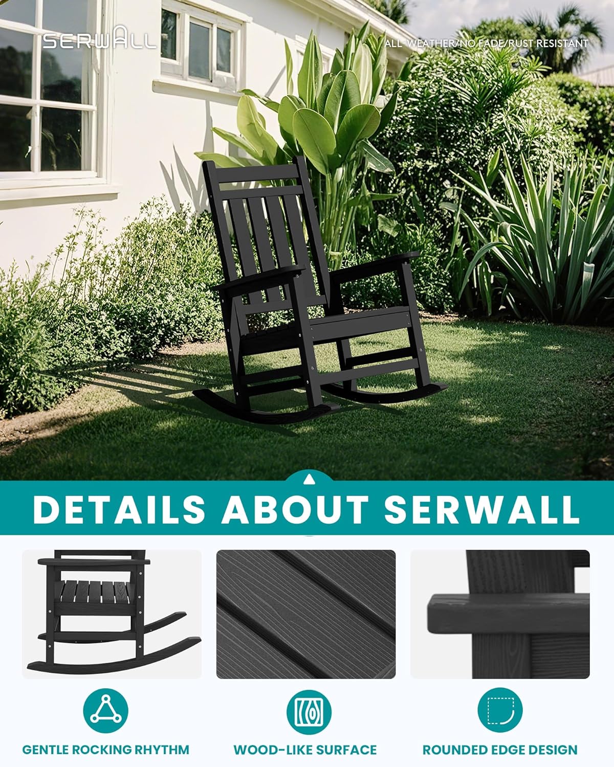 SEWALL HDPE Rocking Chair, Oversized Outdoor Rocking Chair for Adults, Patio Rocker for Porch, Black