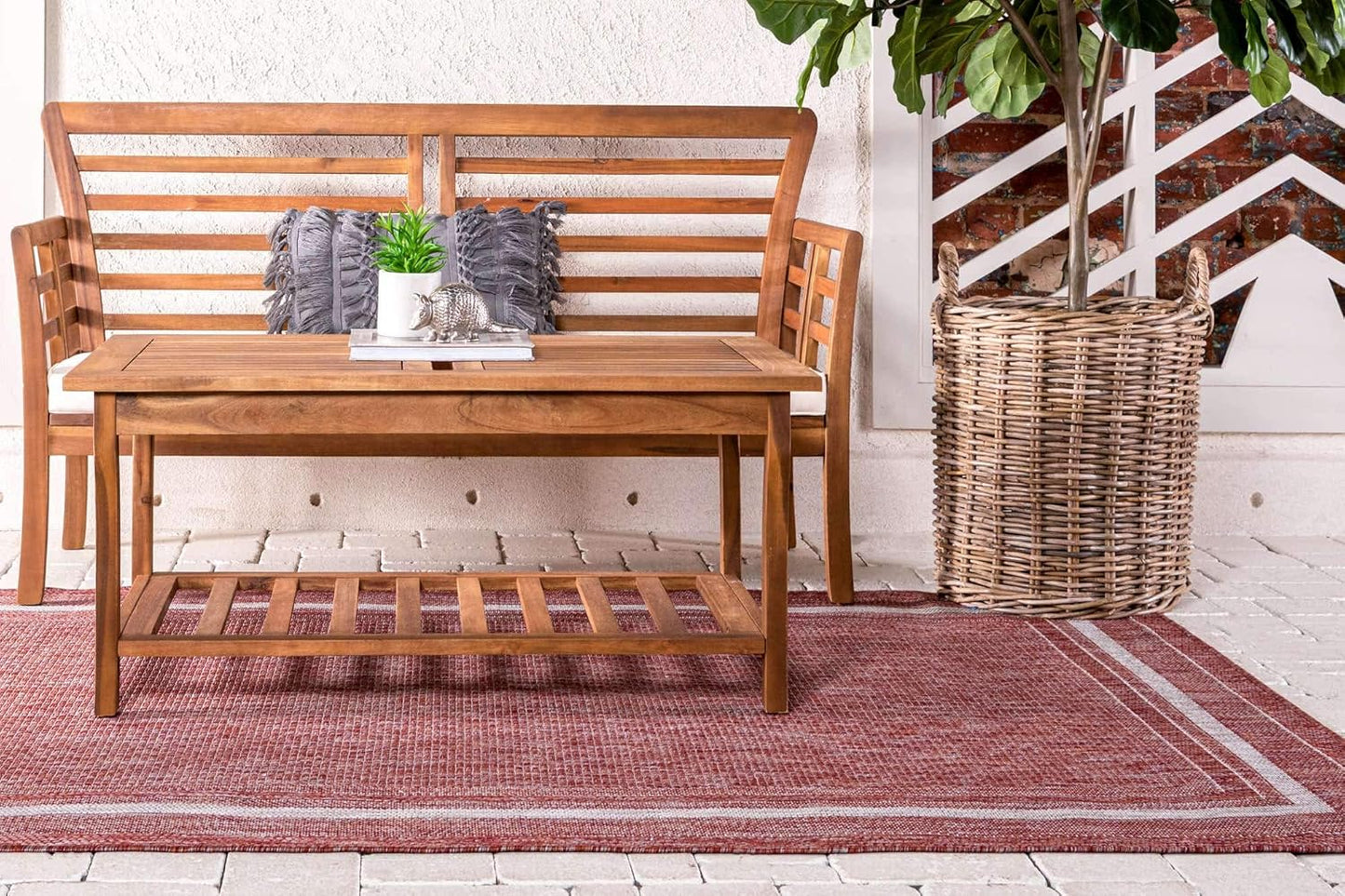 Unique Loom Outdoor Border Collection Area Rug - Soft Border (7' 10" x 11' 4" Rectangle, Rust Red/ Ivory)