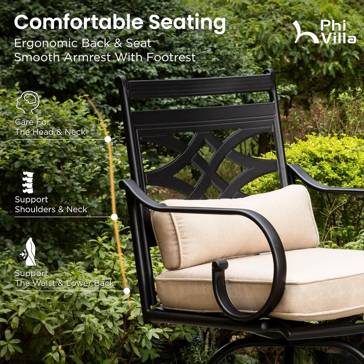 PHI VILLA Outdoor Swivel Bar Stools Set of 2，Patio Counter Height Bar Chairs with Back and Armrest，Metal,Black