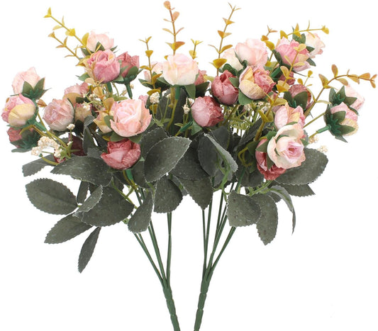 Duovlo 7 Branch 21 Mini Rose Heads Artificial Flowers Bouquet Wedding Home Office Decor,Pack of 2 (2 PCS Pink)