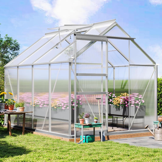 YITAHOME Polycarbonate Greenhouse 6x8FT Heavy Duty Green Houses Outdoor Greenhouses Aluminum Sliding Doors Vent Window Large for Garden Backyard, Silver