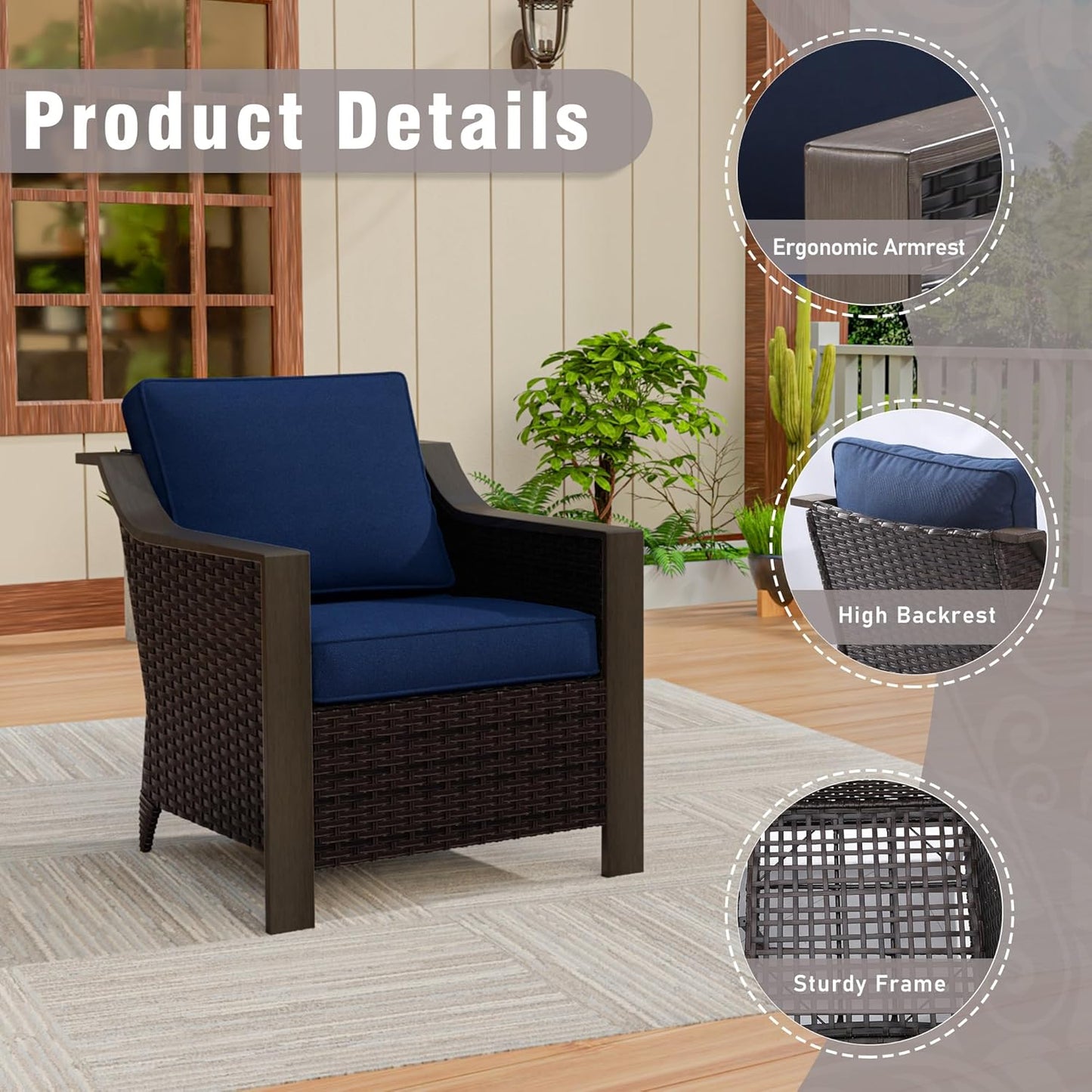 5 Piece Wicker Patio Conversation Set, All-Weather Use Outdoor 2 PE Rattan Chair, 2 Ottoman, 1 Patio Sofa, Removable Water-Resistant Cushion, Ideal for Porch, Backyard, Balcony, Poolside, Blue