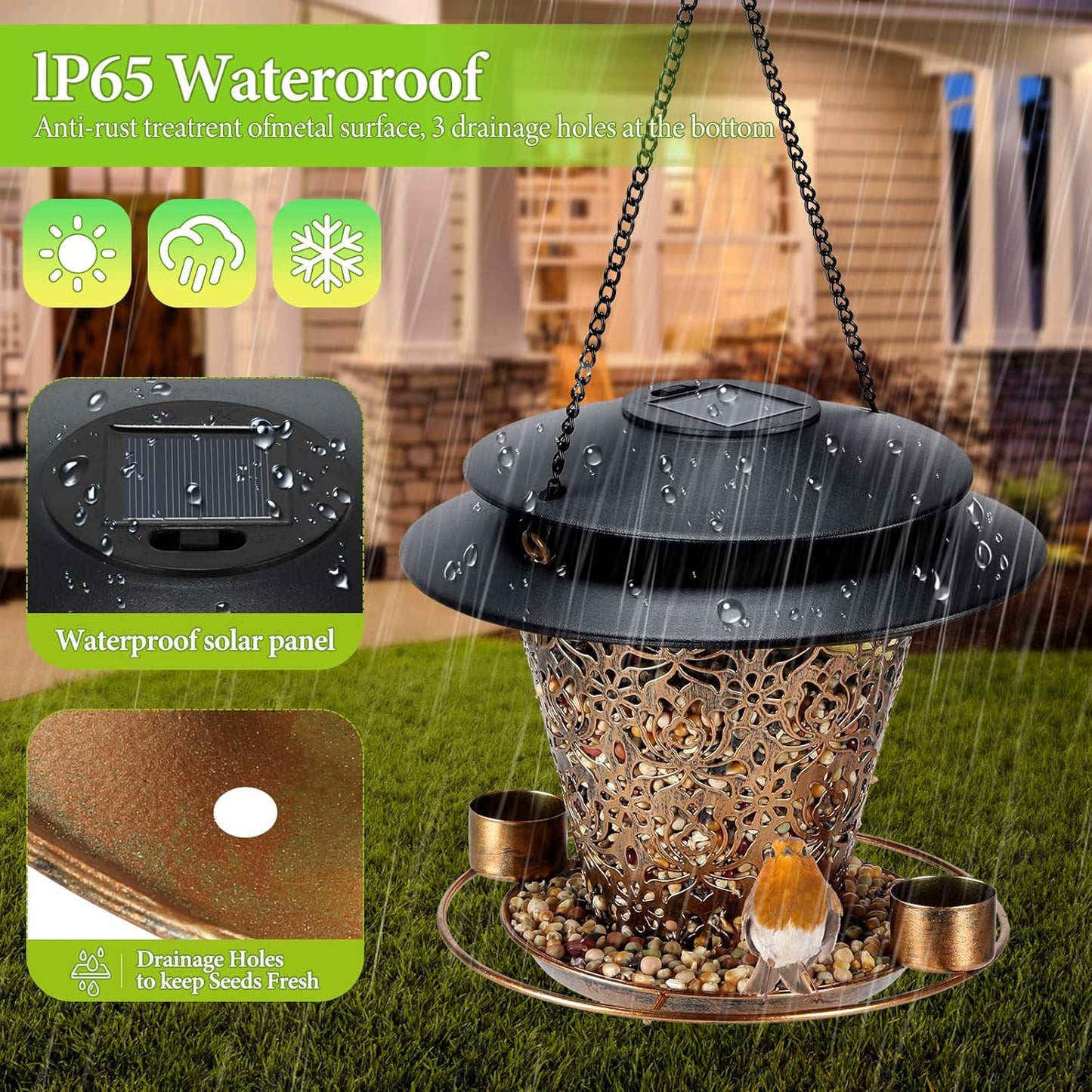 Solar Bird Feeders for Outside Hanging Metal Wild Bird Feeder Solar Lanterns Outdoor Waterproof Garden Decor for Yard Brown