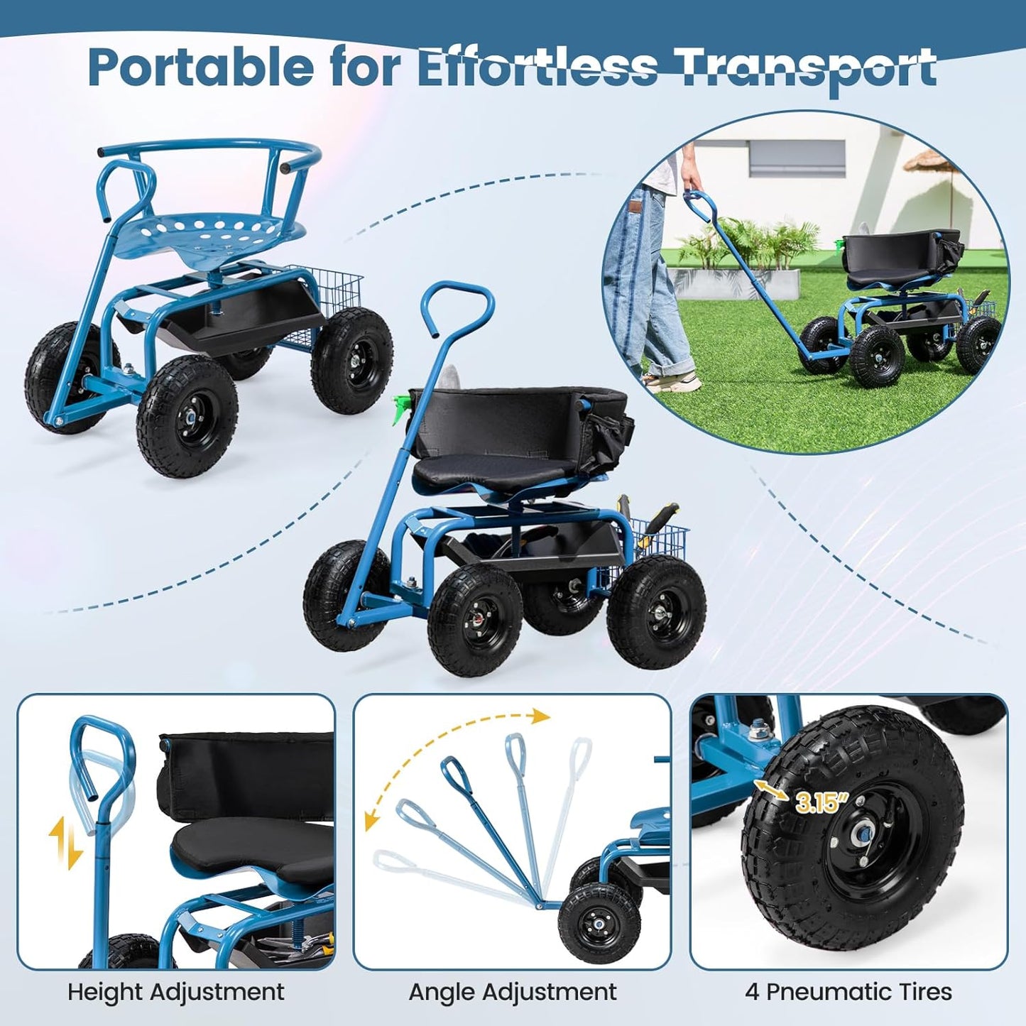 Goplus Garden Seat with Wheels, Rolling Gardening Stool with Adjustable 360° Swivel Seat, Tool Tray & Storage Basket, Extendable Handle, Outdoor Gardening Scooter, Garden Cart Workseat for Seniors