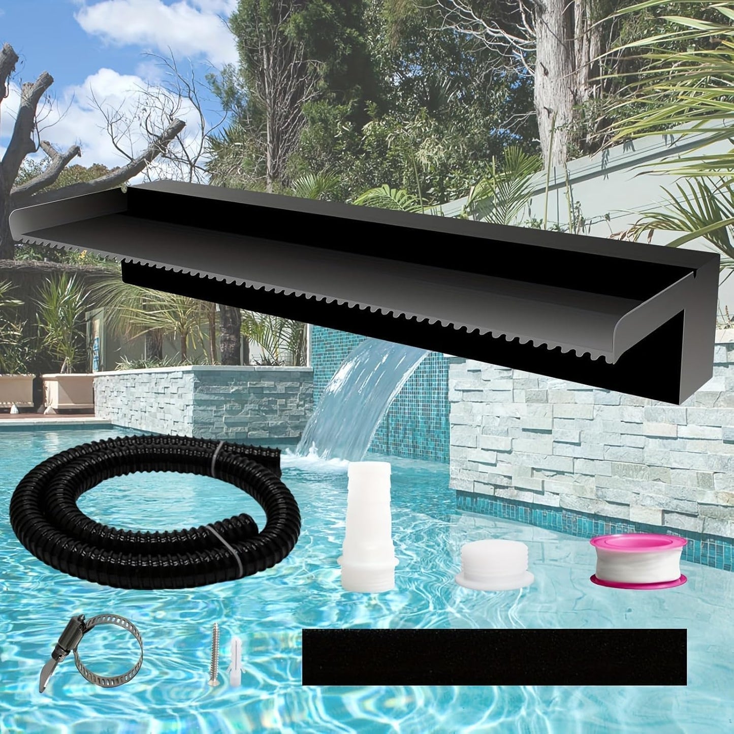 Pool Fountain Stainless Steel Pond Waterfall Spillway Kits for Indoor/Outdoor Decorative, 24 Inches Black Pool Water Feature for Garden Patio, Backyard Koi Pond Decor(No LED Light)