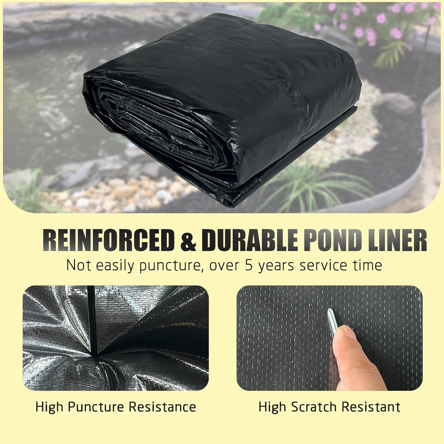 yeezoo 25X25FT Reinforced PE Pond Liner, KOI Pond Liners for Outdoor Ponds, Enhanced 5-Layer Structure Pond Liner for Fish, Duck, Garden Raised Bed and Waterscape Pond(0.82oz/sq ft Thickness)