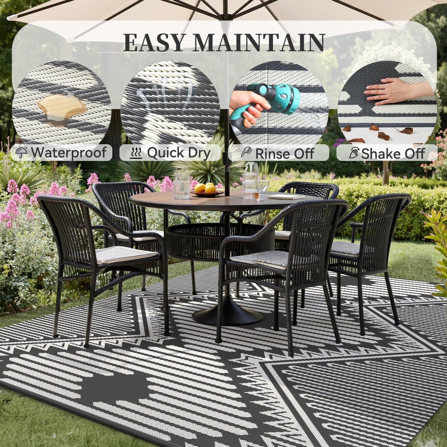 MontVoo Outdoor Rug 8x10 Waterproof Patio Rug-Outdoor Carpet Mat Reversible Plastic Straw Outside Outdoor Rug for RV Camping Picnic Beach Balcony Backyard Pool Deck Porch Modern Boho Grey