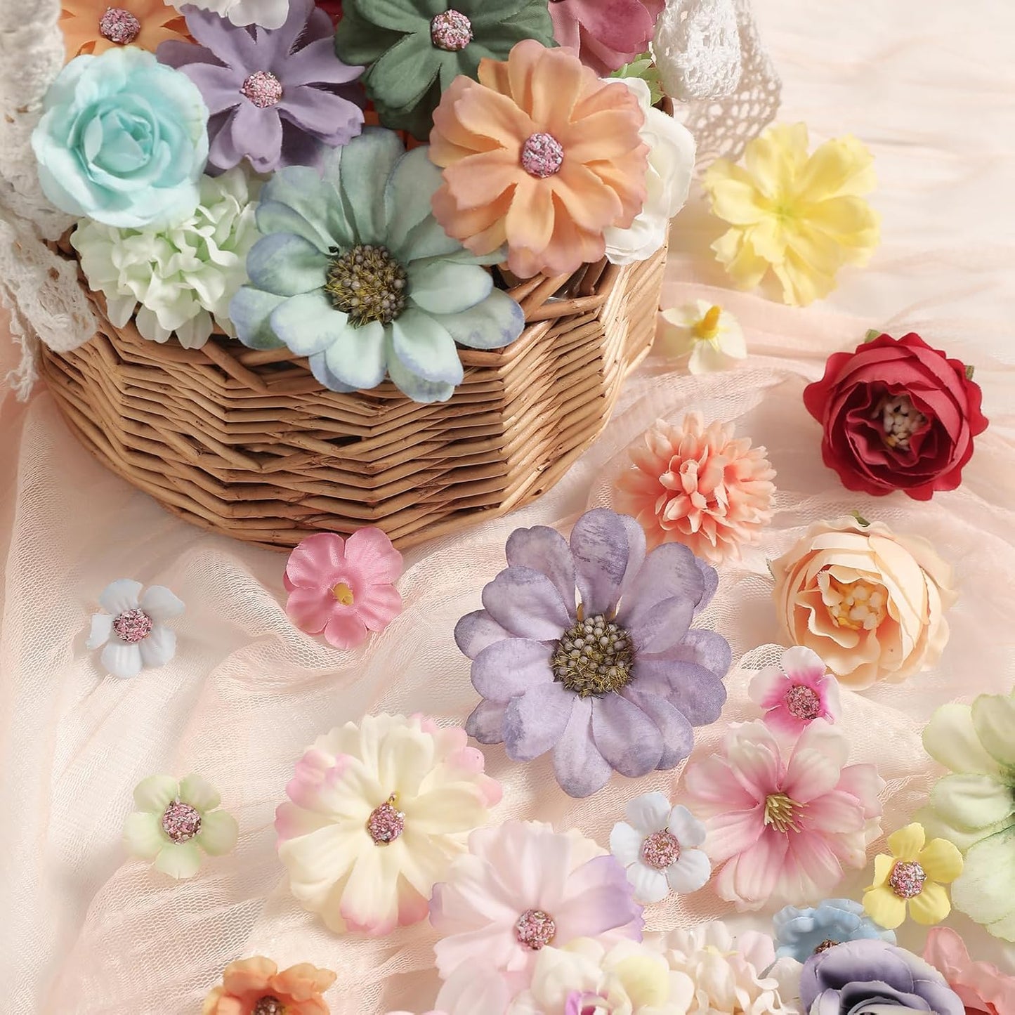Faux Flower Heads Mini Multi Color Artificial Flower Heads Fake Peony Daisy Rose Flowers Multicolor Small Silk Daisy Flower Heads for Craft Garland Wedding Party DIY Home Decoration,2-4 cm