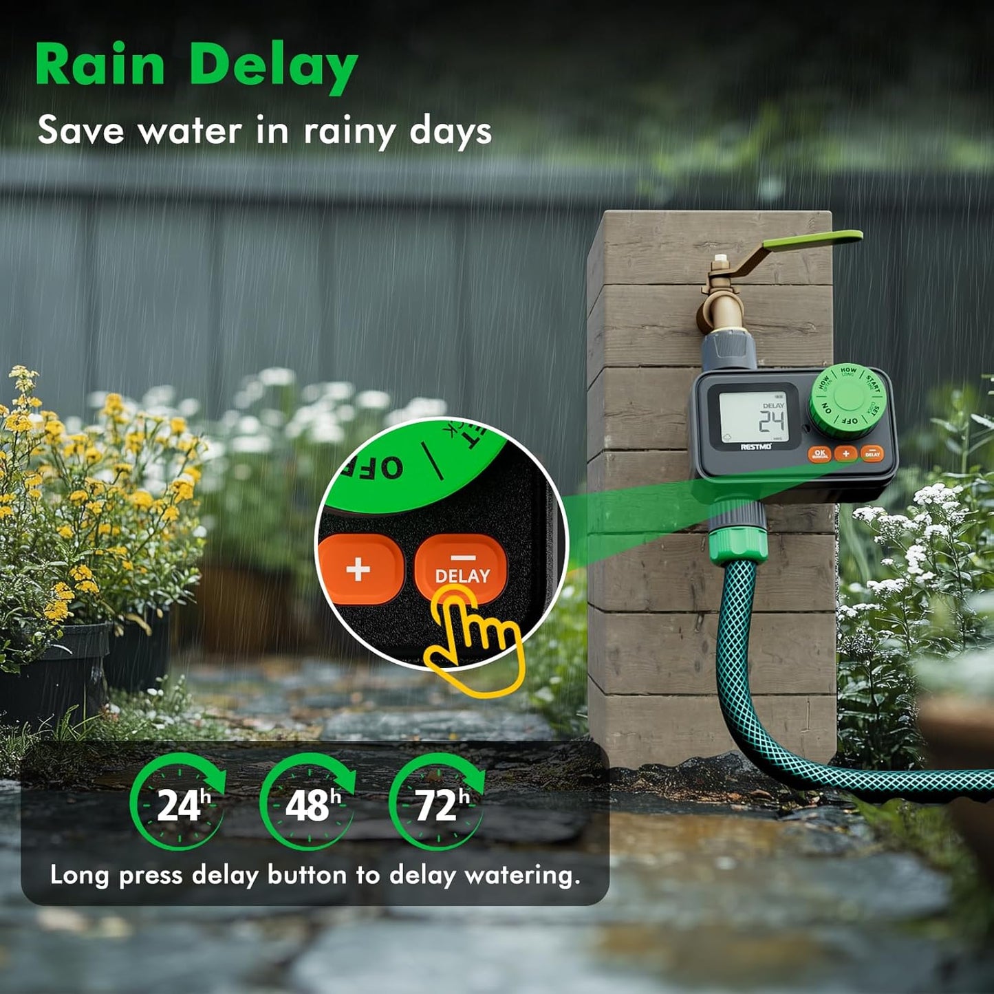 [2 Pack] RESTMO Sprinkler Timer, Programmable Water Timer for Garden Hose, Automatic Digital Control | Manual ON/Off | Rain Delay for Outdoor Faucet, Drip Irrigation and Lawn Watering System