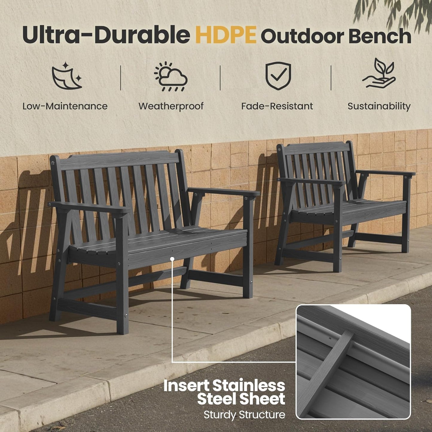 Ciokea 46" Heavy Duty Outdoor Bench, HDPE Weatherproof Garden Benches, Durable 2-Person Porch Benches with 660 Lbs, Waterproof Patio Bench for Outside Balcony Deck Backyard, Dark Grey