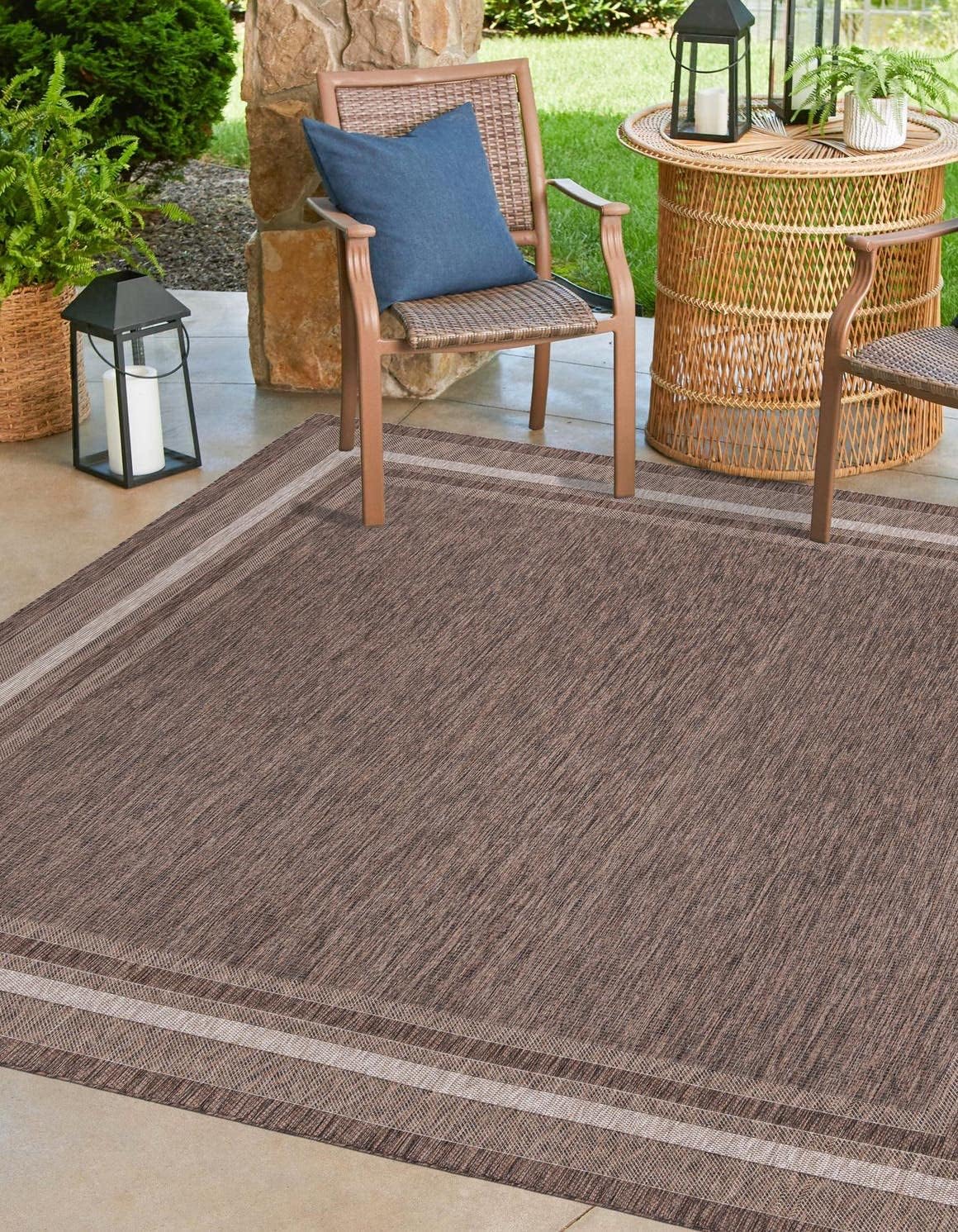 Unique Loom Outdoor Border Collection Area Rug - Soft Border (13' Square, Brown/ Ivory)