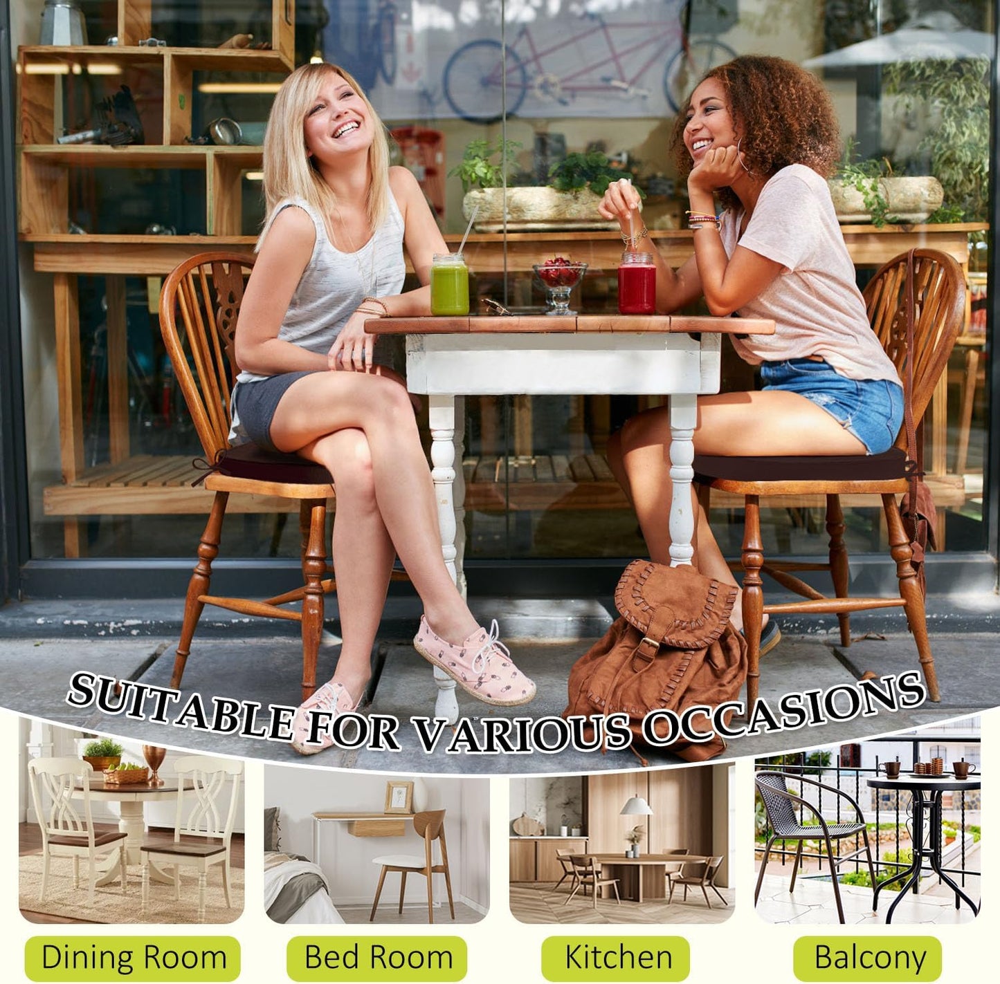 Chair Cushions for Dining Chairs, Indoor Chair Cushions with Ties，Waterproof Chair Pads Set of 4, Brown, 17x16x2.5 Inch