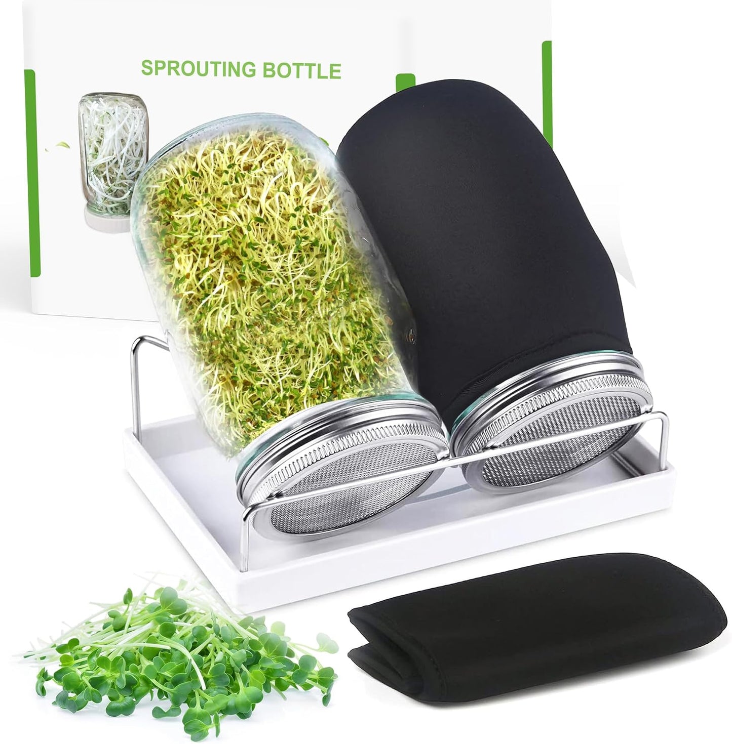 Organic Seed Sprouting Jar Kit – 2 × 32 oz Wide-Mouth Mason Jars with Stainless-Steel Sprouter Lids & Stand, Blackout Sleeves, Drain Tray – Grow Broccoli, Alfalfa & Bean Microgreens