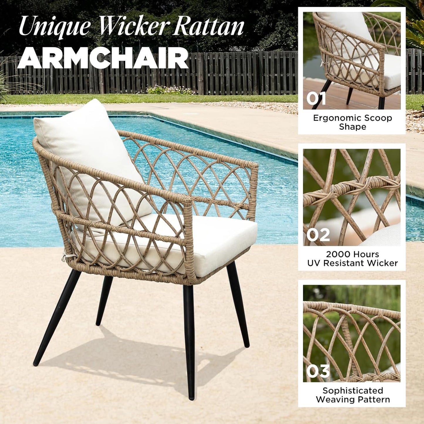 IDZO Heavy Duty 500lbs Weight Capacity Wicker Bistro Table and Chairs Set of 2 with Olefin Fabric Soft Cushions