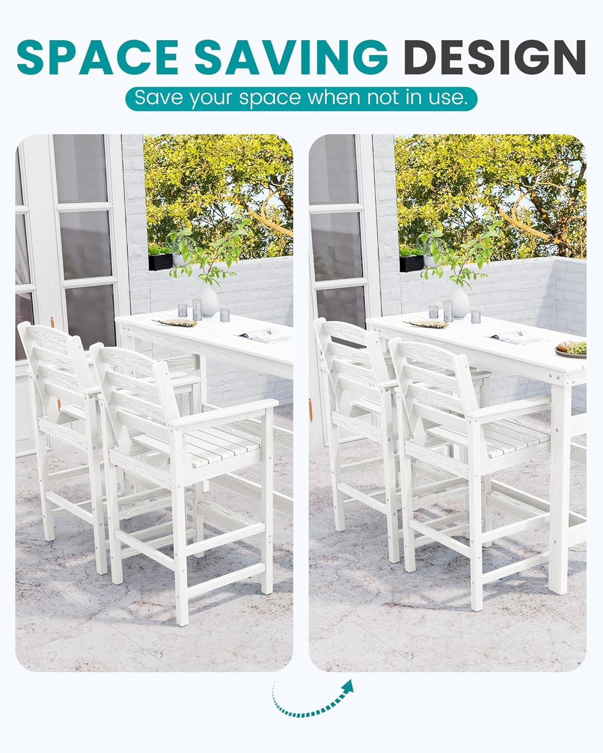 SERWALL All Weather HDPE Outdoor Patio Bar Set, Outdoor Bar Table and Chairs Set, Adirondack Bar Chairs Set of 2 and Bar Height Table, Outdoor Furniture for Outside, Poolside, Backyard, Garden, White