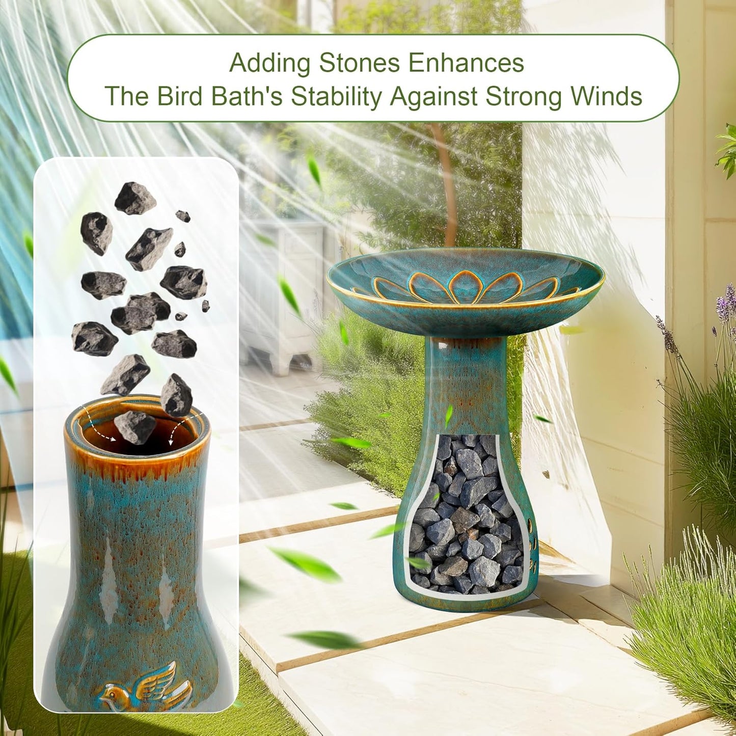 Ceramic Bird Bath for Outdoors, 21.5 inch Heavy Duty Bird Bath，Weather-Resistant Birdbath for Outdoor Garden Use, Attracts Birds, Elegant Yard Décor - Blue