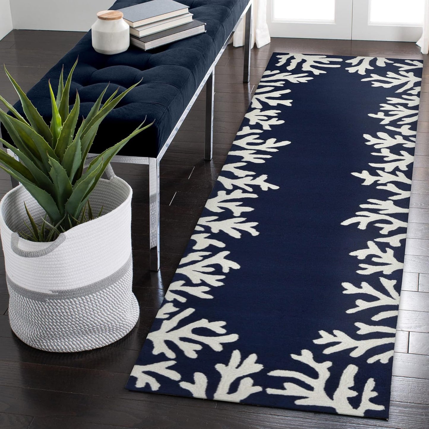Liora Manne Capri Indoor/Outdoor Handmade Synthetic Blend Durable Area Rug - Traditional Border Coastal Beach Accent (Coral Border Navy) (2' x 8')