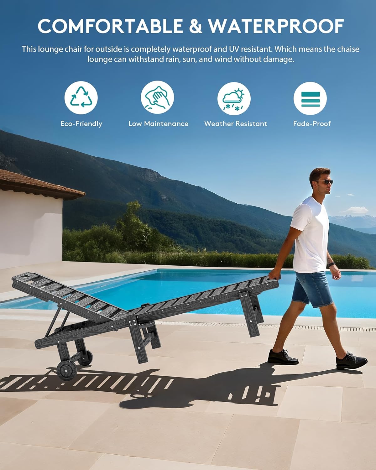SERWALL Patio Chaise Lounge, HDPE Outdoor Lounge Chair with Cup Holder, 5 Positions Adjustable Poly Lounge Chair with Rolling Wheels for Poolside, Deck, Sunbathing, Grey