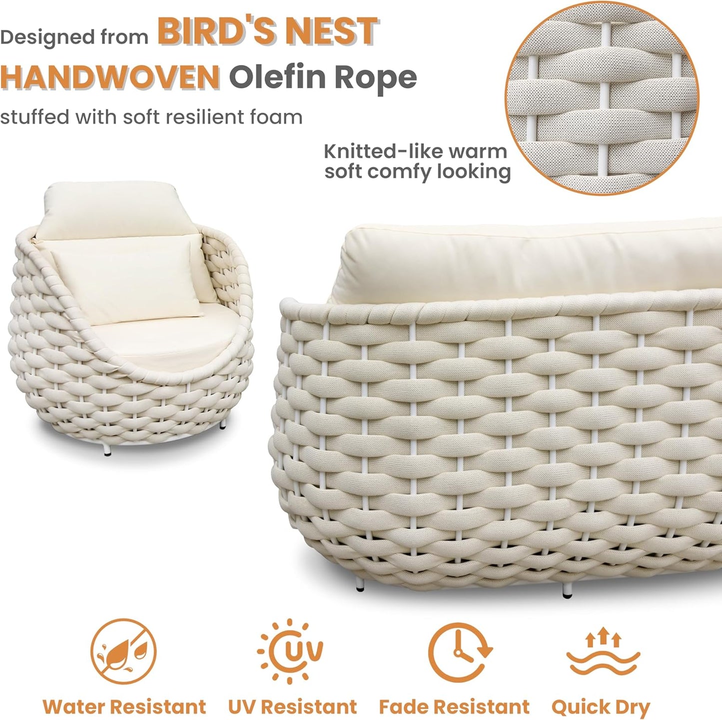 Sunroom Furniture Sets: 6 Pieces Aluminum Woven Rope Patio Conversation Sofa Set Cushioned - Modern Outdoor Couch Set No Assembly - Armchair Set Porch Deck Garden Poolside Gazebo Hotel - Beige