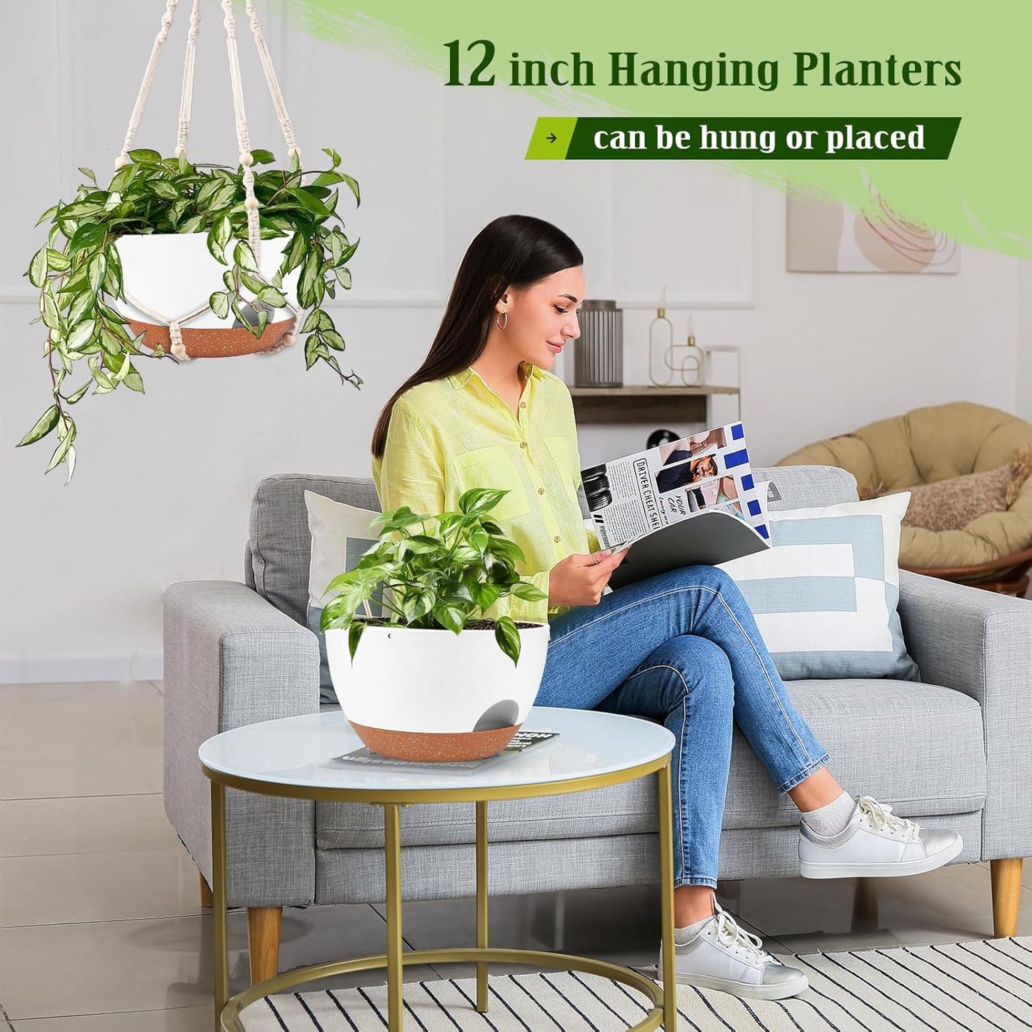 Hanging Planters for Outdoor Indoor Plants, 2 Pack 12 Inch Hanging Basket Plants Outdoor, Self Watering Hanging Planter with Plant Hanger for Garden Home Decoration (White)