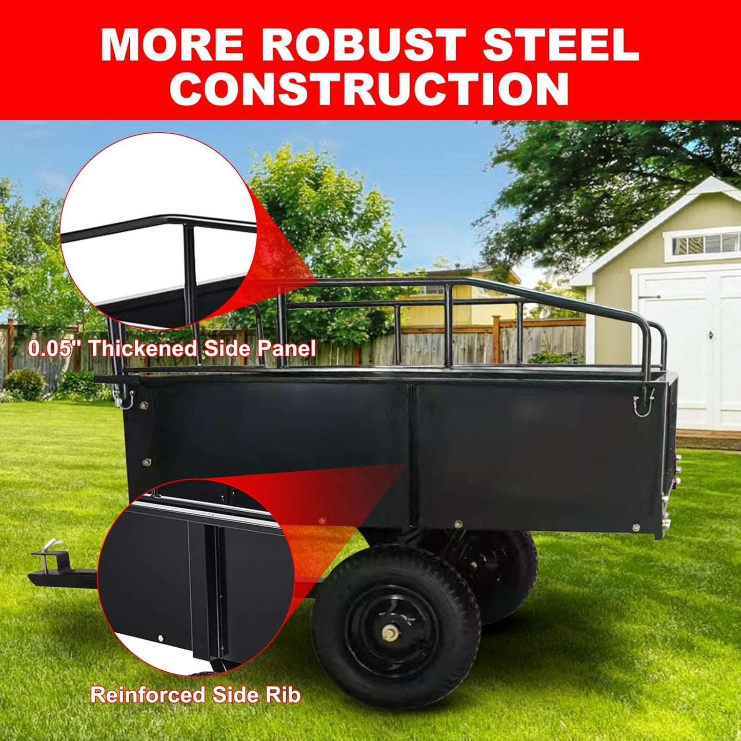 Heavy Duty Steel Garden Cart, 750Lbs Yard Garden Pull Behind Dump Trailer with Removable Sides for Atvs Utvs Lawn Garden Tractors, Black