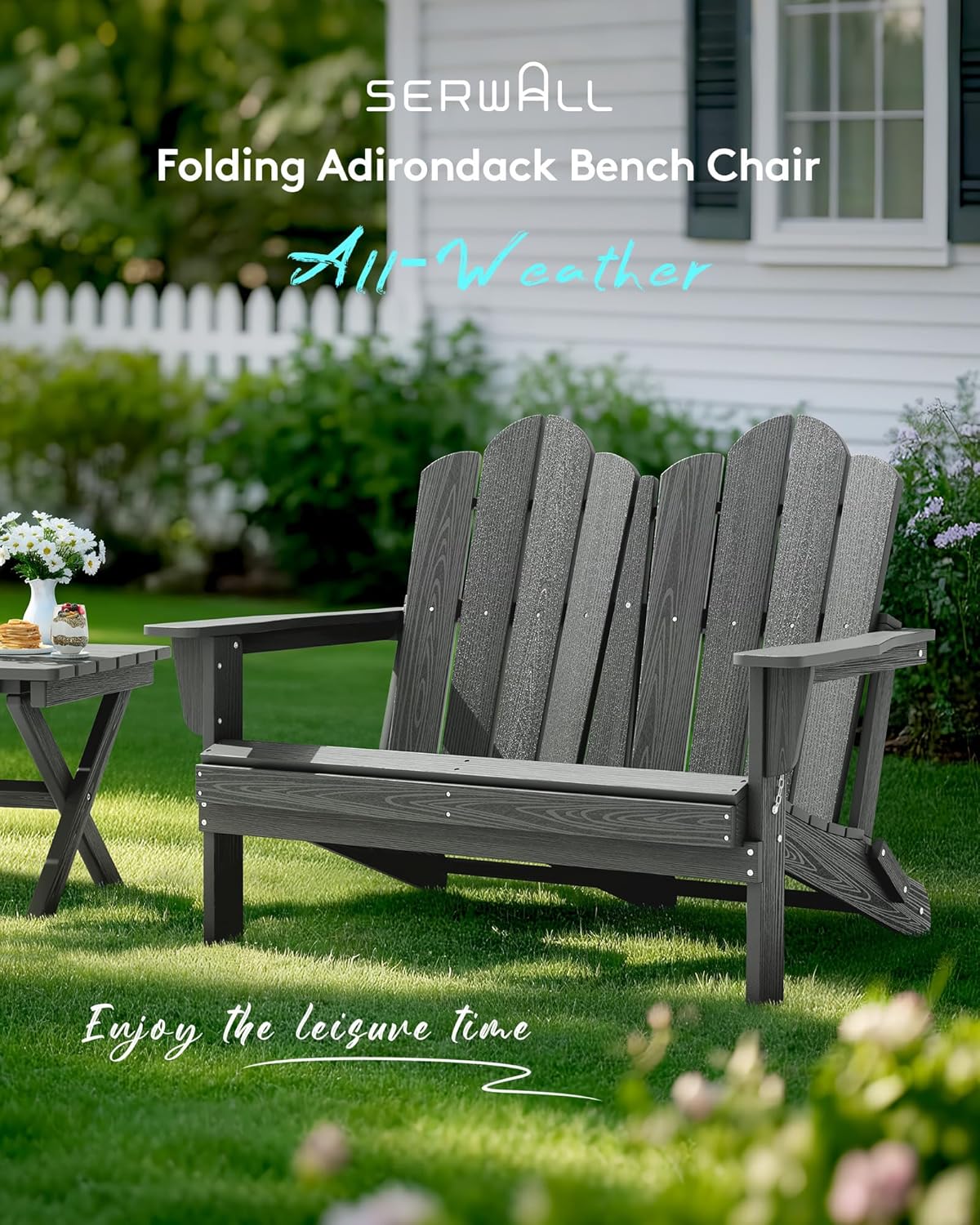 SERWALL Folding Adirondack Bench, HDPE All-Weather Adirondack Loveseat Set of 2, Grey