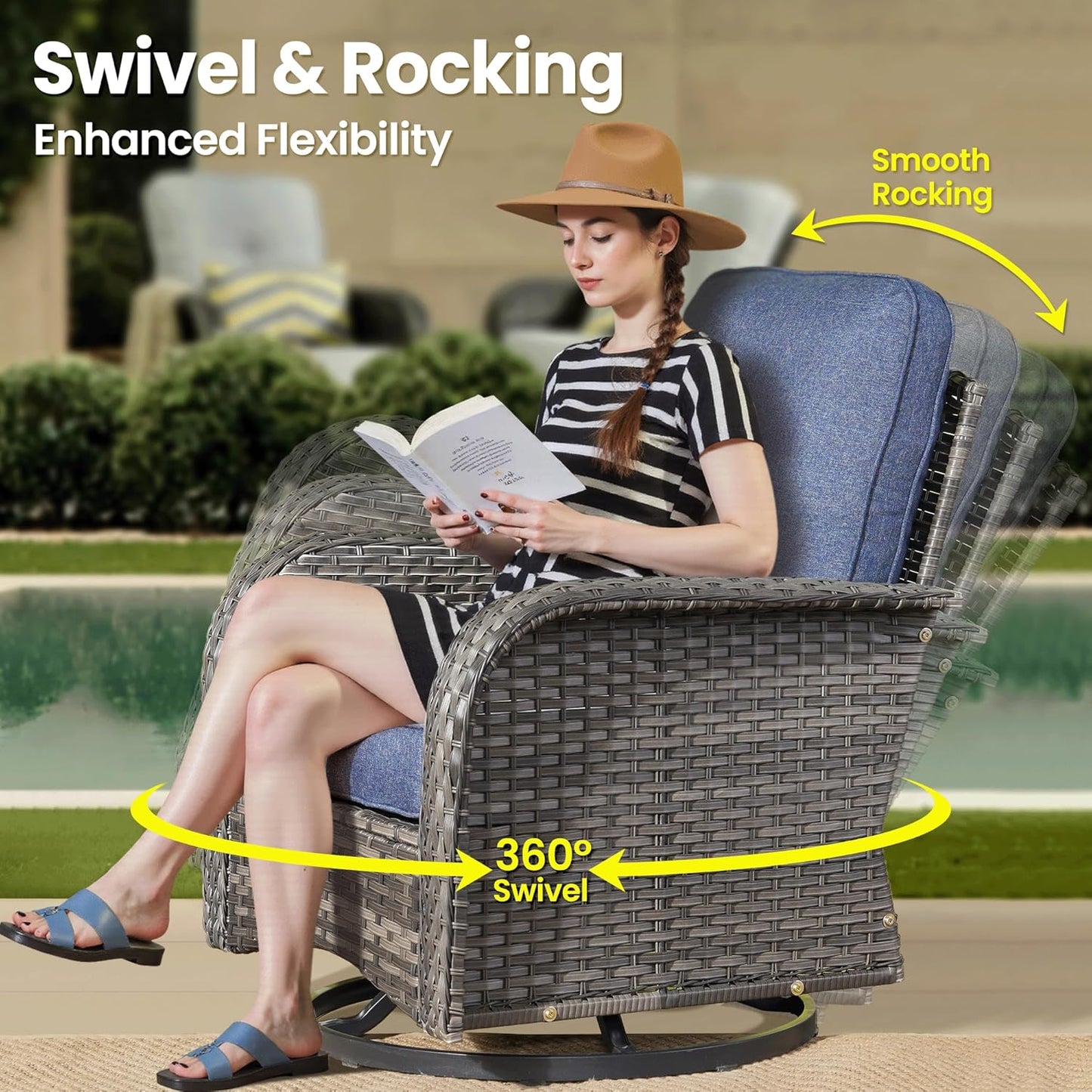 ovios 3 Pieces Patio Furniture Set, Outdoor Rocking Chairs of 2, Wicker Swivel Glider Chairs with Side Table Thick Cushions, All Weather Rattan Bistro Set for Porch, Denim Blue