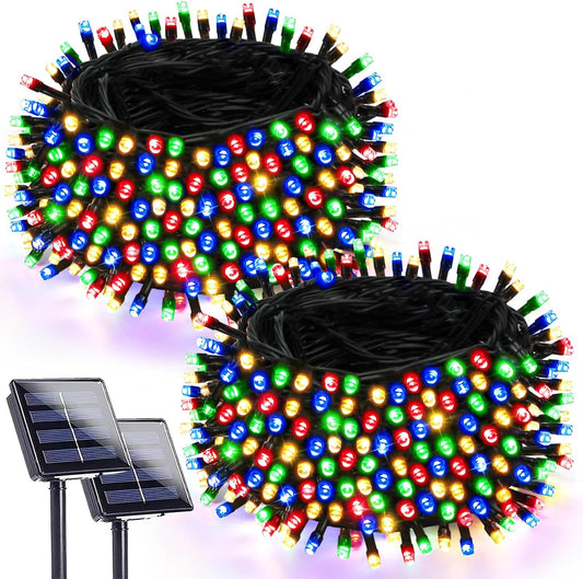 Solar Christmas Lights, 2 Pack Super Bright 90FT 160 LED Solar String Lights, 8 Lighting Modes Outdoor Waterproof Green Wire Twinkle Light for Xmas Garden Decorations (Multi-Colored)