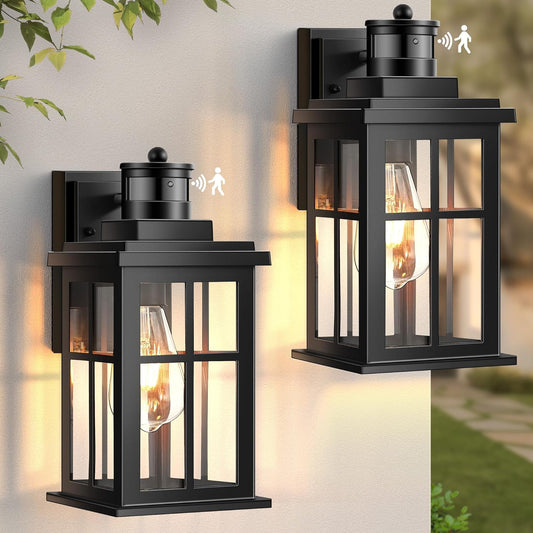 Motion Sensor Outdoor Lights, 2 Pack Outside Light Fixture Dusk to Dawn, Black Outdoor Motion Sensor Light, Anti-Rust Exterior Light Fixture for House, Garage, Doorway, Porch, 100% Aluminum