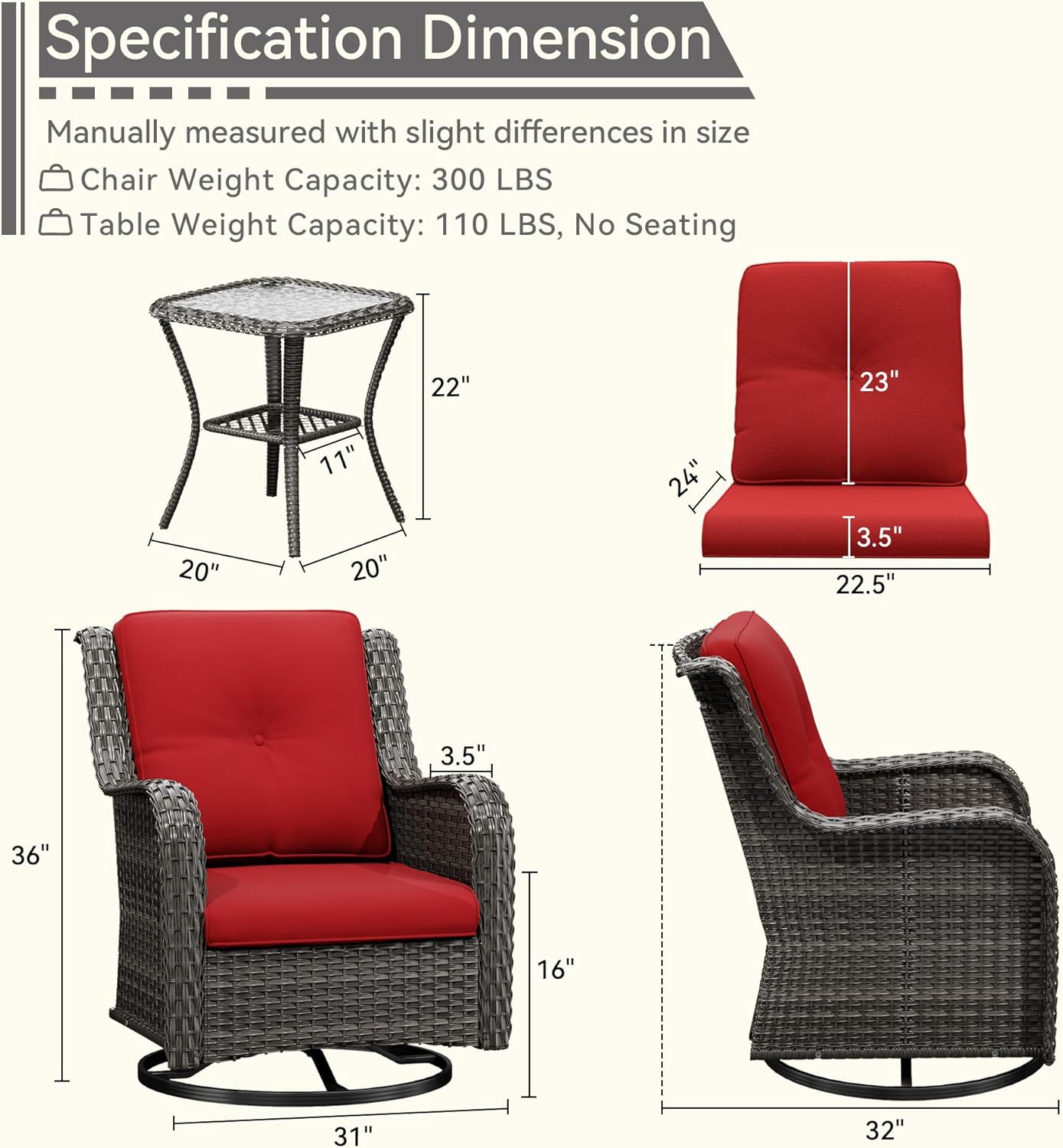 6 Pieces Outdoor Furniture Set - Patio Wicker Swivel Rocker Chair Set of 4 and 2 Side Table, Red, Mixed Brown Rattan, Suitable for Porch, Yard