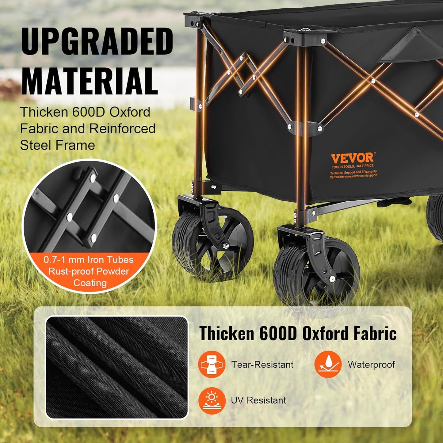 VEVOR 220L/350lbs Collapsible Folding Wagon, Heavy Duty Beach Cart Foldable with Big Wheels, Outdoor Utility Wagon All Terrain Wagon for Groceries Camping