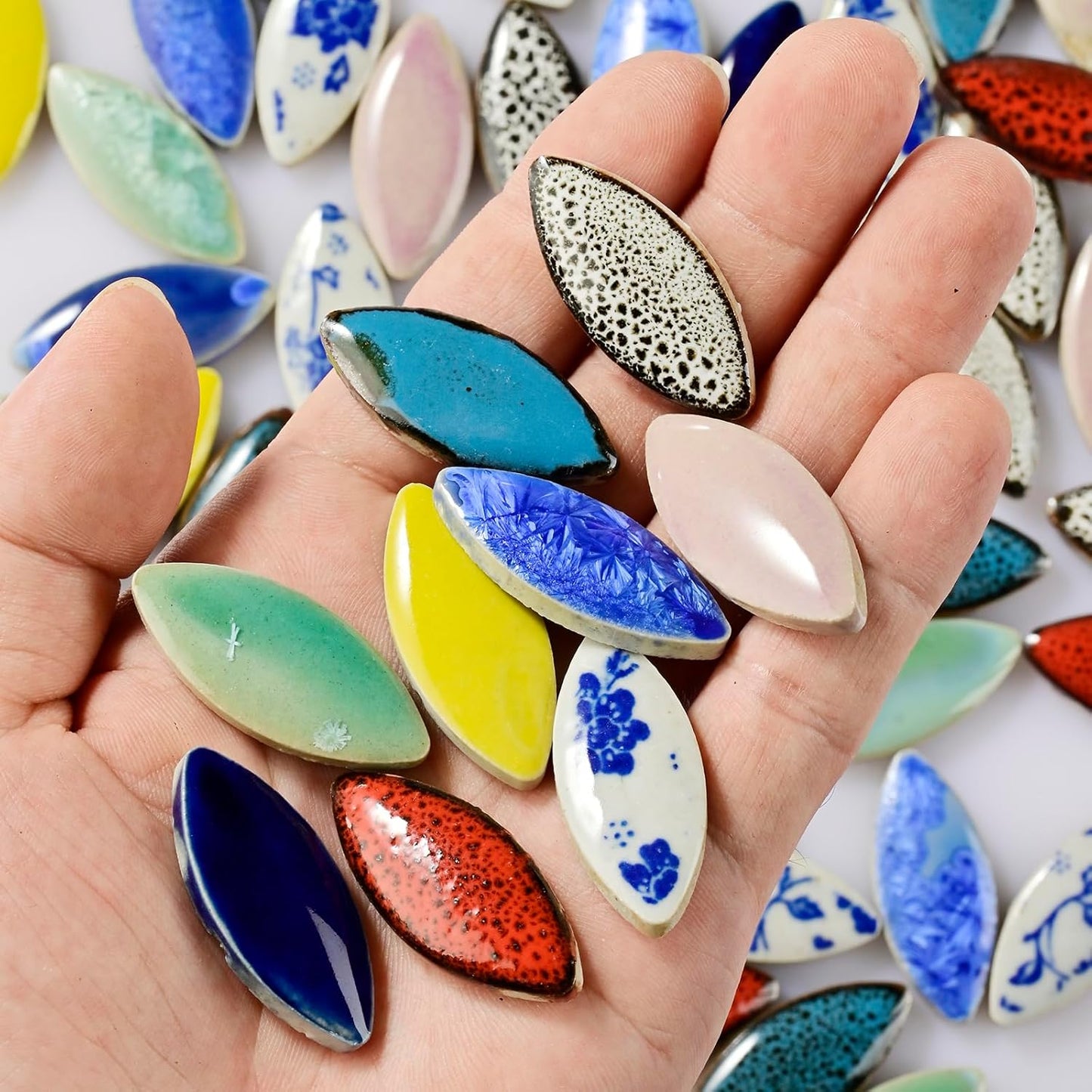70 Pieces Petal Mosaic Tiles Ceramic Tiles, Bulk Stained Ceramic Pieces Supplies, Flower Leaves Mosaic Ceramics Mosaic Pieces Kit for DIY Crafts Plates Picture Frames Home Decorations - Light Blue