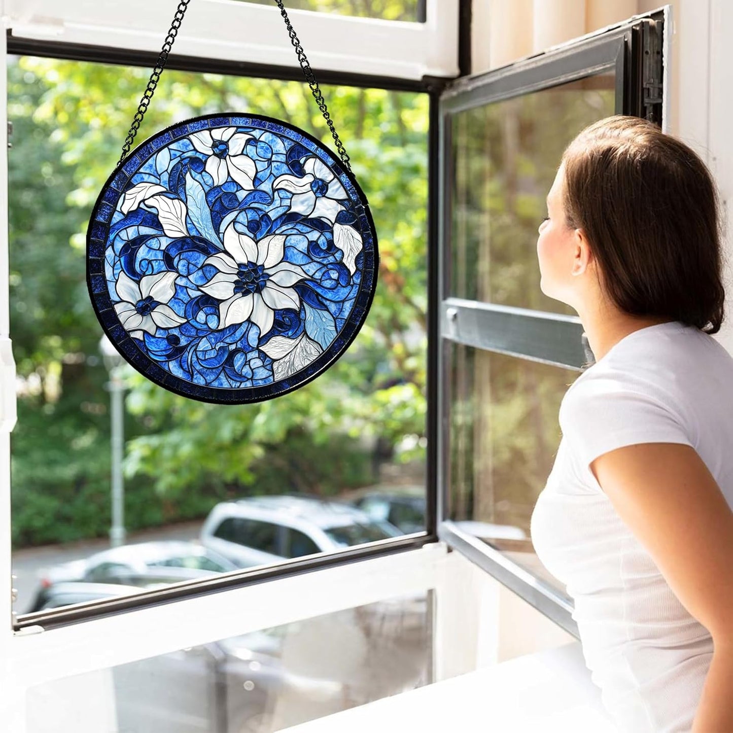 Stained Glass Window Hanging - Blue White Flowers Suncatcher for Doors Garden Patio Boho Style Sun Catchers Decor Christmas Mother's Day Birthday Gifts for Women Men Mom Nana Friend 15 in