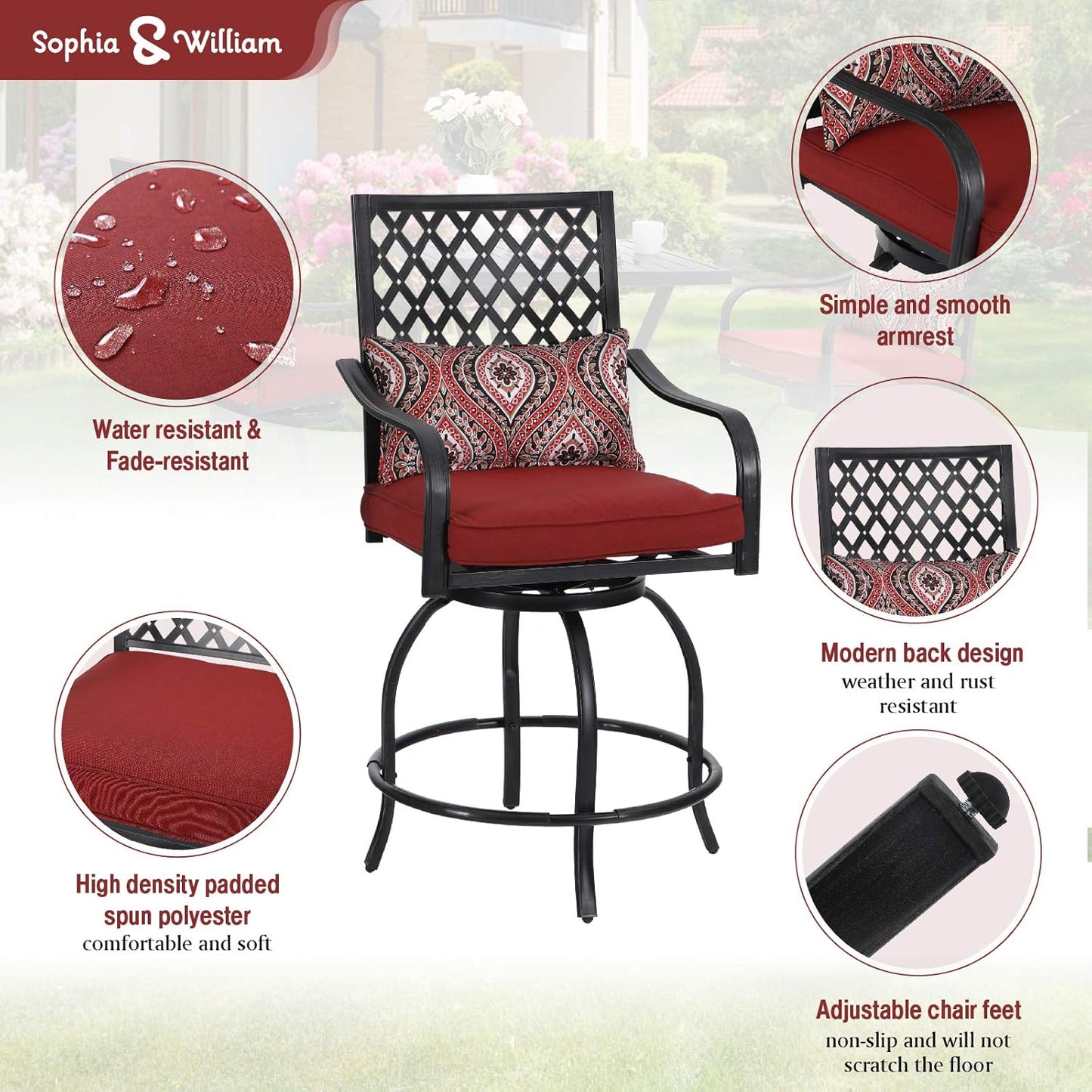 Sophia & William Patio Bar Set 5-Piece Outdoor High Dining Set with 4 Swivel Bar Stools with Red Cushion and 1 Square Bar Height Table with Umbrella Hole