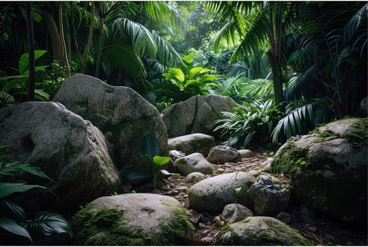 Reptile Habitat Backdrop Lush Tropical Plants and Rocks Terrarium Backdrop Dense Vegetation with Large Broad Leaves and Ferns Fish Tank Background Aquarium Wallpaper Poster Decor Vinyl 36x18in