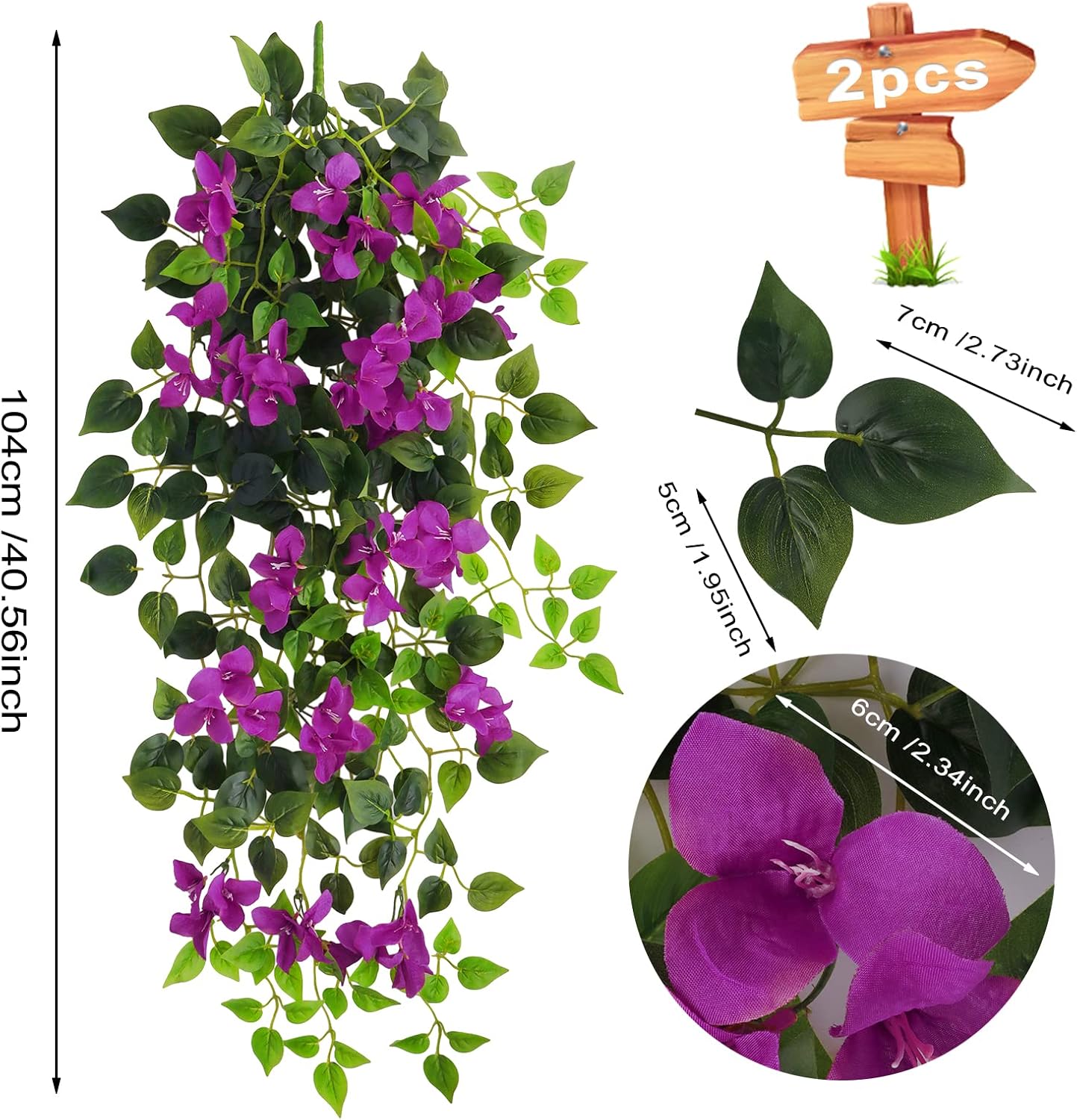Artificial Hanging Plants Flowers Bougainvillea, UV Resistant Fake Plastic Faux Flower Fabric Vine for Indoor Outdoor Garden Porch Eave Wedding Wall Décor