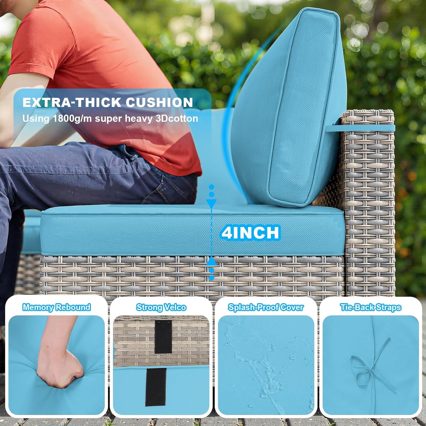 14-Piece Patio Furniture Set, Outdoor Sectional with Thick Cushions, Modular Patio Sofa, Dual-Strand Wicker Rattan, Rust-Resistant Frame, Backyard Furniture for Garden, Deck, Lake Blue