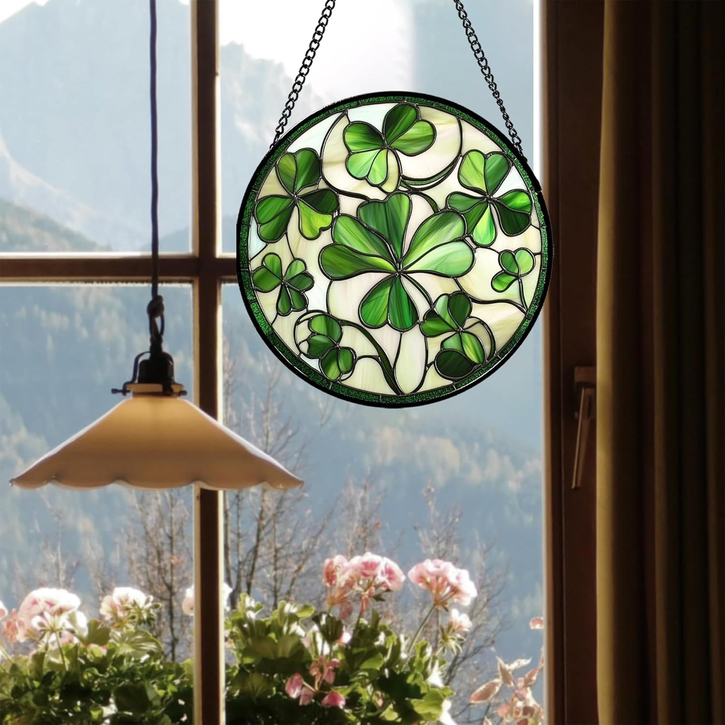 Stained Glass Window Hanging - Green Clover Flowers Suncatcher for Doors Garden St. Patrick's Day Plant Floral Sun Catchers Decor Mother's Day Birthday Gifts for Women Men Mom Nana 6.3 in