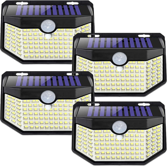 HMCITY 120 LED Outdoor Solar Lights with Motion Sensor and 3 Lighting Modes, IP65 Waterproof Wide Solar Wall Lights Ideal for Garden Patio Yard (Front Button 4Packs, Daylight White)