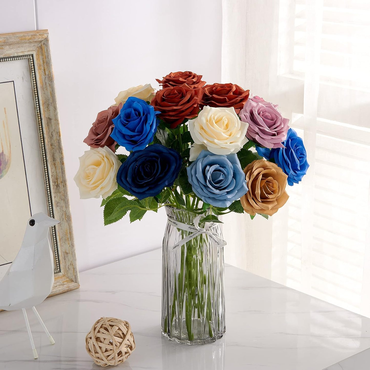 Artificial Rose 10pcs Open Flower Bouquet Faux Rose Stems for Wedding Arrangement, Bridal Bouquet, Centerpiece, Fake Faux Silk Flowers (Dusty Blue)