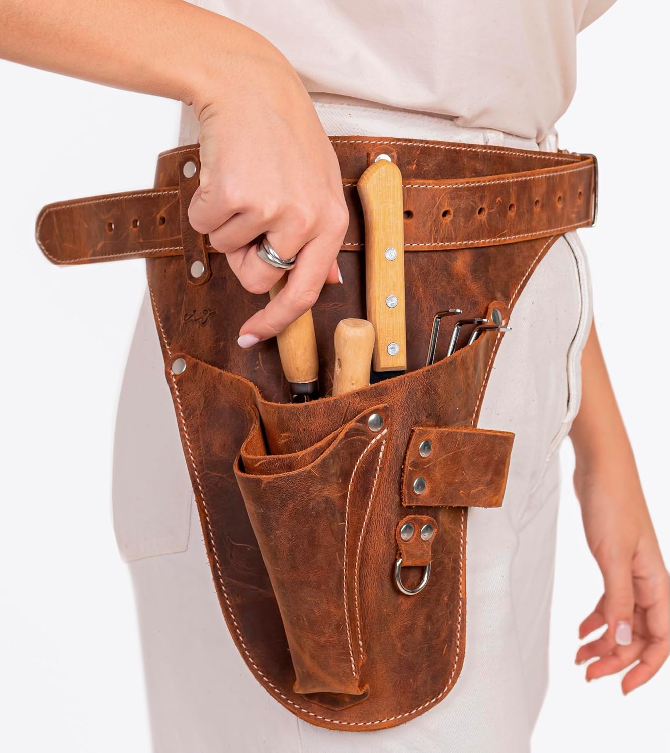Garden Florist Tool Belt for Men | Leather Tool Belt for Women | Handmade Belt for Gardener, Electrician, and Carpenter | Leather Florist Belt (Brown CrazyHorse) (Brown with engraving, one size)