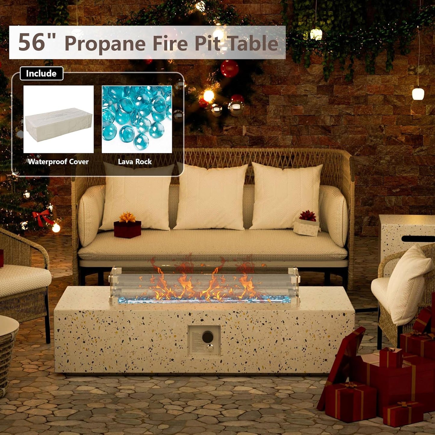 8 Piece Patio Furniture Set - Outdoor Conversation Sets with 56" Fire Table and Coffee Table, Rattan Modular Sofa Set for Garden/Poolside, Grey/Brown