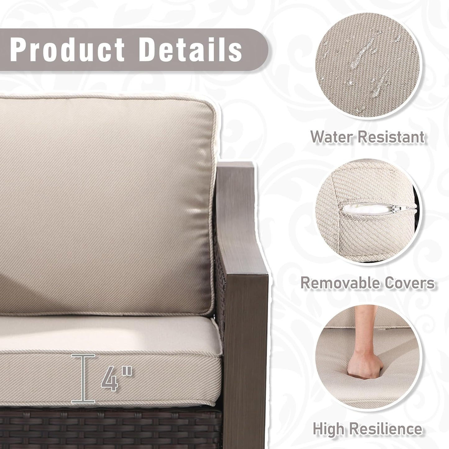 4 Piece Wicker Patio Conversation Set, All-Weather Use Outdoor 2 PE Rattan Chair, 2 Ottoman, Removable Water-Resistant Cushion, Ideal for Porch, Backyard, Balcony, Poolside, Beige