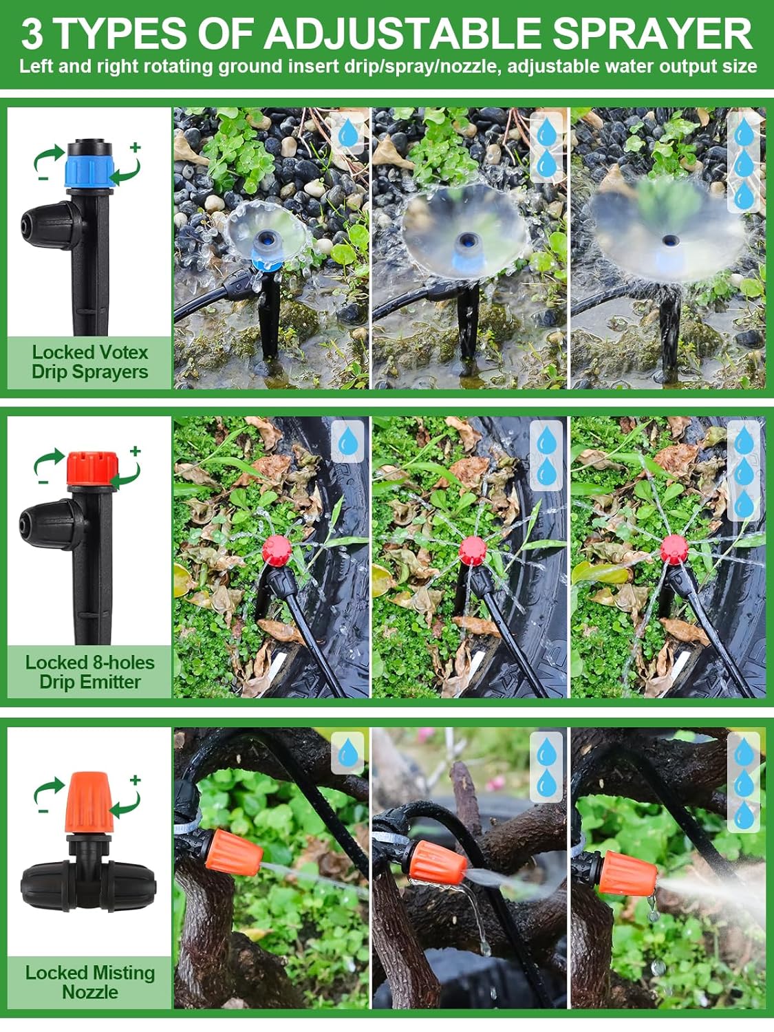 207FT Automatic Drip Irrigation Kits, Kalolary 1/4" 1/2" Adjustable Garden Watering System with 4/7mm 16mm Tube Drip Emitters Locked Fittings Drip Irrigation Parts System for Greenhouse Raised Beds