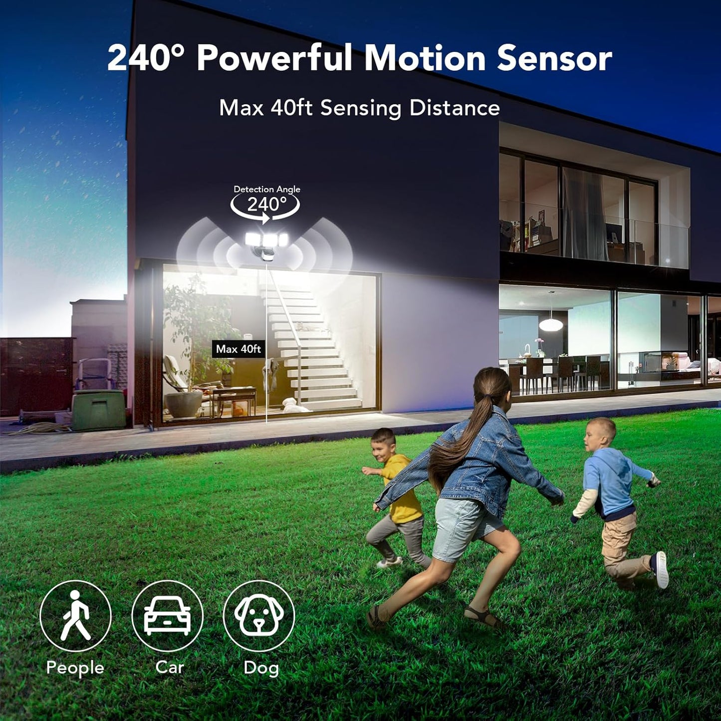 OREiN 3500LM/26W Flood Lights Outdoor, 240°/40FT Big Motion Sensor Outdoor Lights Dusk to Dawn Security Lights IP65 Waterproof 3 Modes for Outside 3500SQ.FT Front Door, Garage, Black (Hardwired)