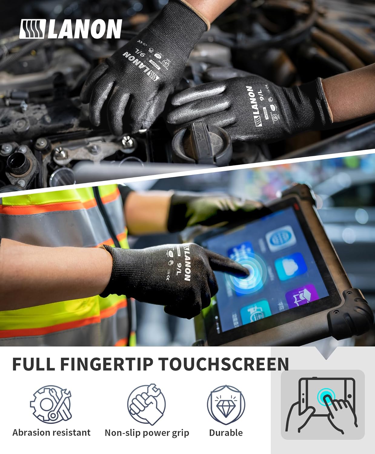 LANON Safety Work Gloves for Men and Women, 18 Pairs Mechanic Black Working Gloves with Grip Odorless PU Coated, Seamless Knit, Full Fingertip Touchscreen for Light Duty Working Gloves, Small