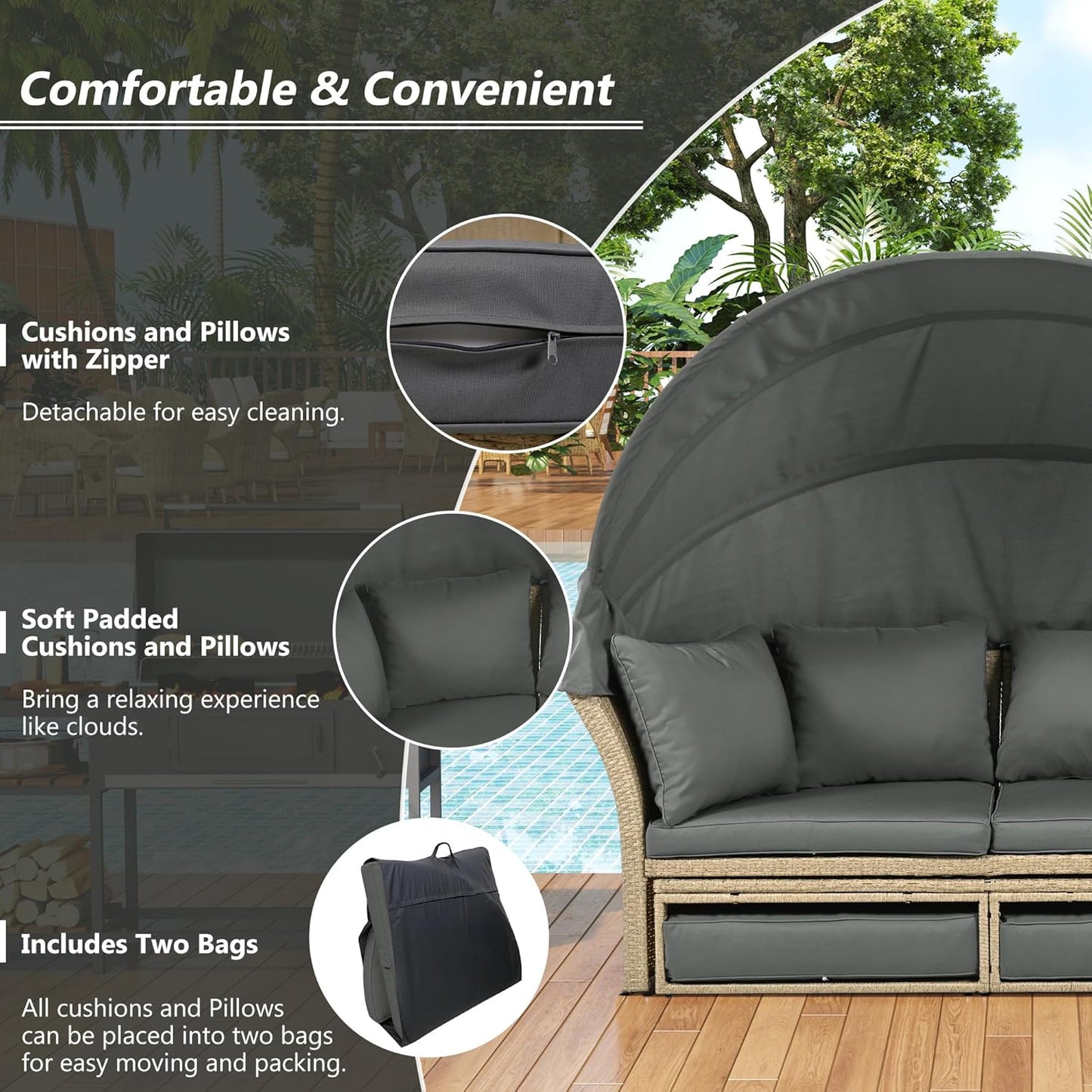 kevinplus Round Outdoor Daybed Patio Sunbed, Convertible Wicker Rattan Outdoor Daybed Sunbed with Retractable Canopy for Garden Backyard Porch Poolside, Gray