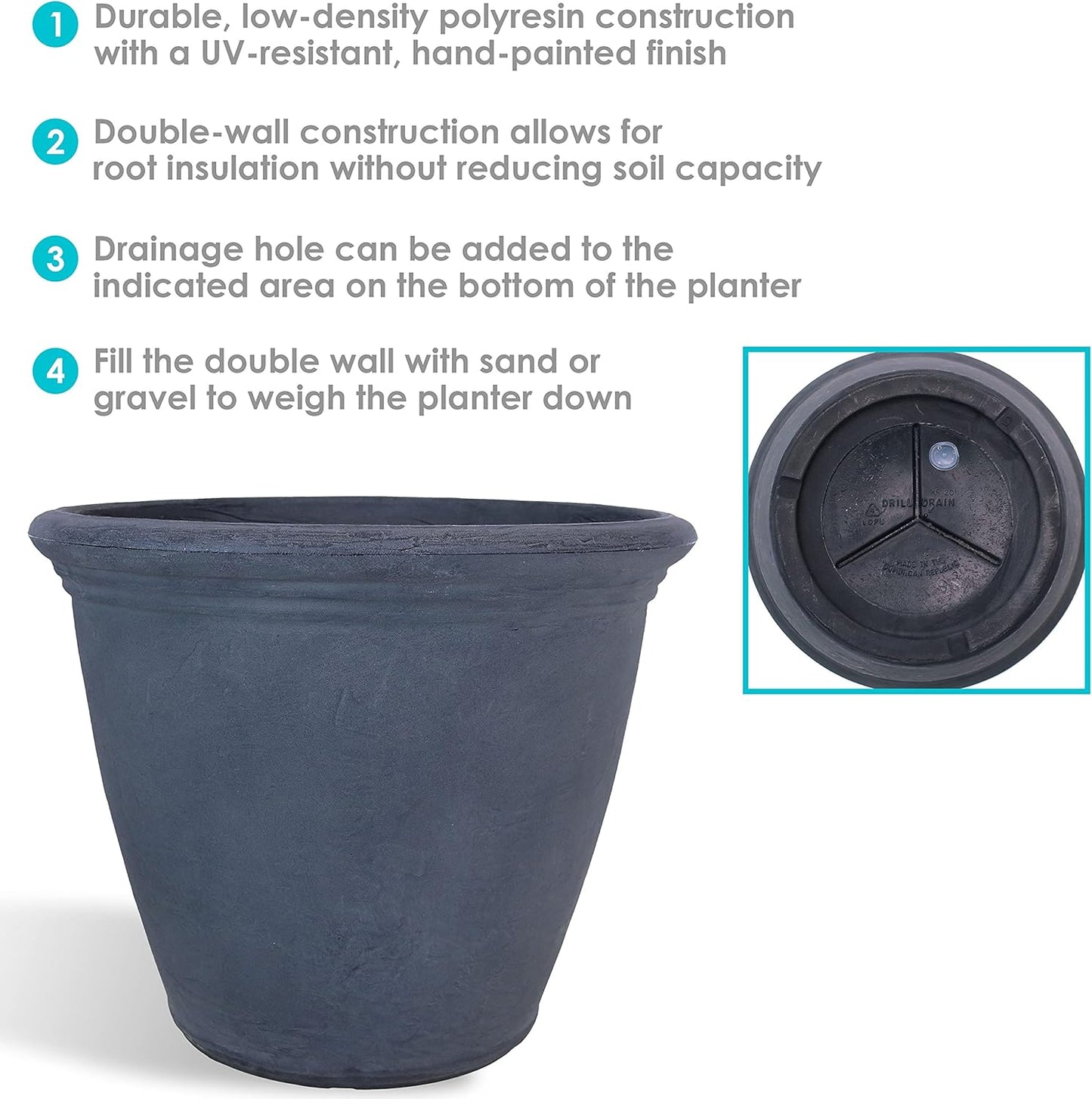 Sunnydaze 20-Inch Anjelica Large Plastic Pot for Plants - Outdoor Polyresin Round Planter with Drillable Drainage Holes - Slate - 4pk