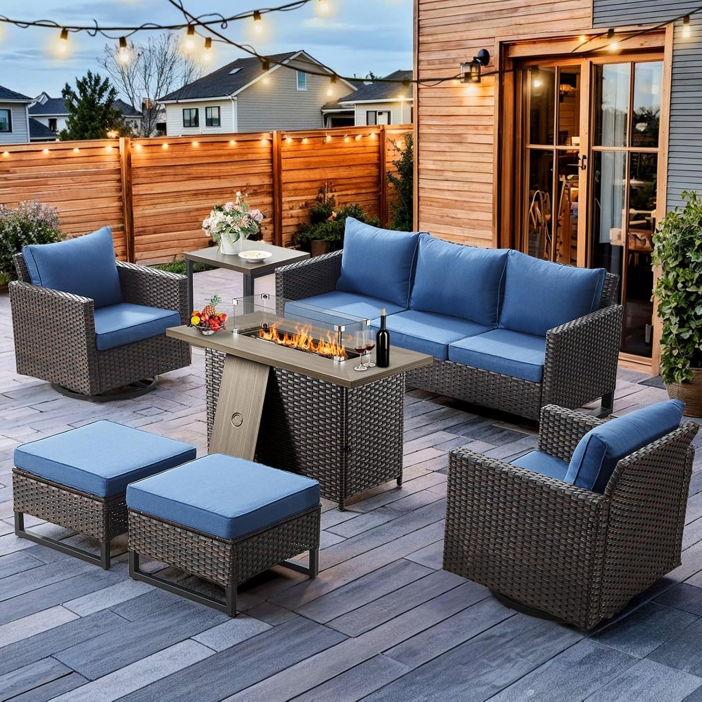 HUMMUH 7 Piece Patio Furniture Set with Fire Pit Table 41in 55,000 BTU,Wicker Outdoor Conversation Sets - Outdoor Swivel Rocker Chairs Patio Sofa for Porch,Garden,Backyard